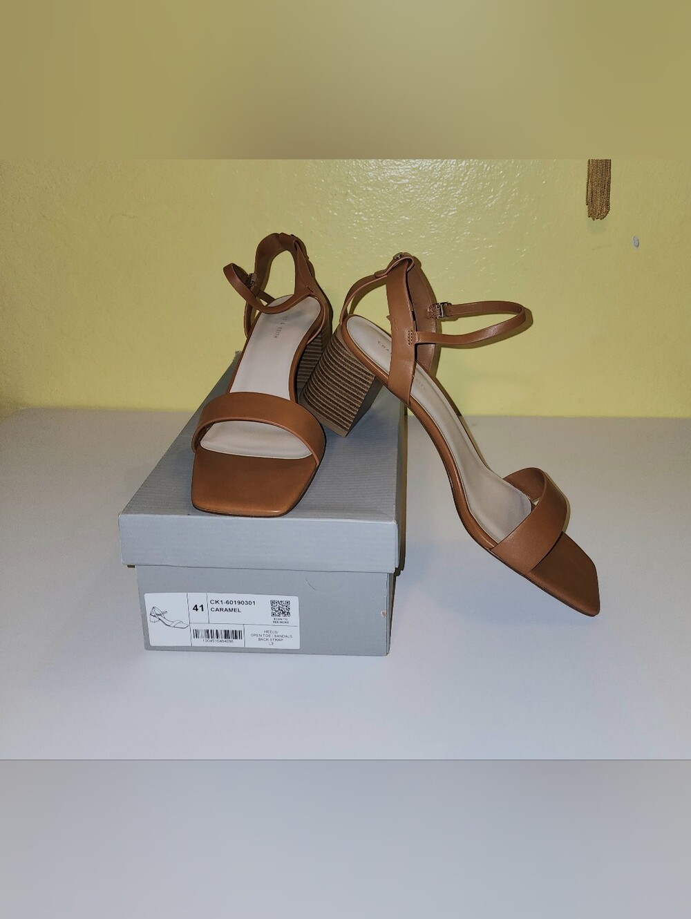 Charles & Keith Tan Block Heel Sandals with Ankle Strap